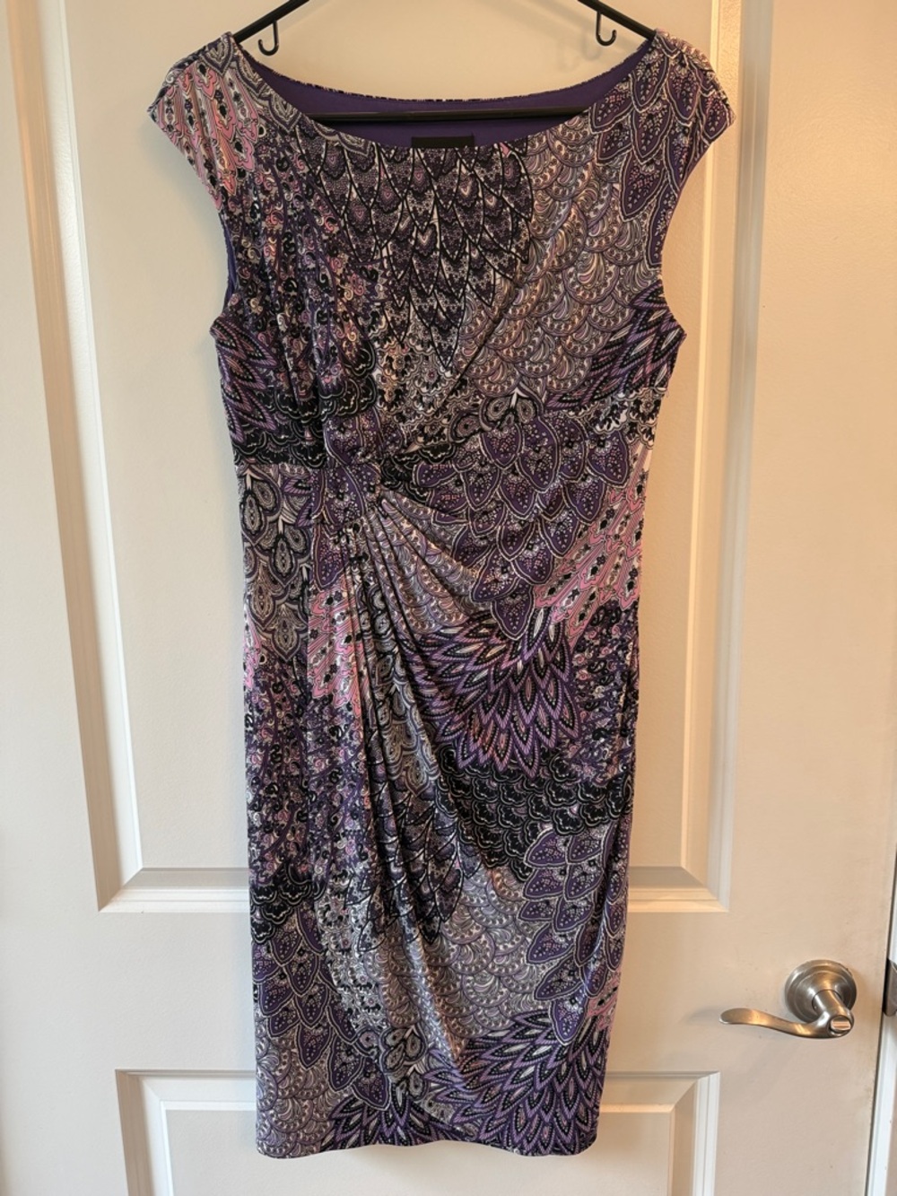 connected apparel Purple and Pink Printed Cap-Sleeve Midi Sheath Dress